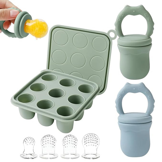 Baby Fruit Food Feeder Teether & Baby Food Freezer Tray Combo, Teething Popsicle Molds for Babies 3-6 12 Months,