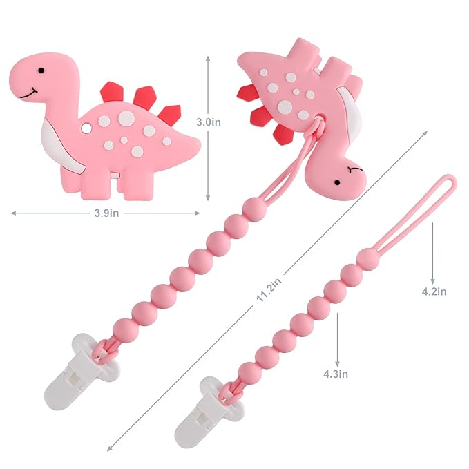 Baby Teething Toys for Babies 3-6 6-12 Months, Dinosaur Teether Pain Relief Toy with One Piece Design Pacifier Clip Holder Set