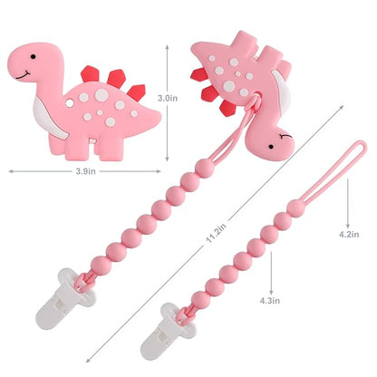 Baby Teething Toys for Babies 3-6 6-12 Months, Dinosaur Teether Pain Relief Toy with One Piece Design Pacifier Clip Holder Set