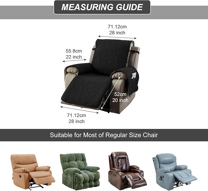 100% Waterproof Recliner Chair Cover, Recliner Chair Covers for Reclining Chair, Non-Slip Fabric Recliner Couch Cover for Living Room, for Pets Kids Protector, Washable (Black, 28"Recliner Chair)