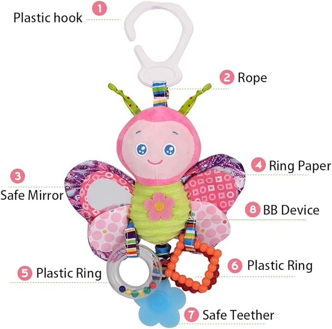 Baby Car Seat Stroller Plush Hanging Rattle Toys Newborn Crib Bed Around Toy with Teether Rattle Sound for 0-3 Years Old (Butterfly)