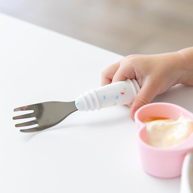 Bumkins Toddler Utensils, Kids Size Fork and Spoon Set, Silicone and Stainless-Steel Training Silverware, Angled Forks/Sporks Feeding, Children Hold Learning to Eat, 18 Mos Up, Vanilla Sprinkles