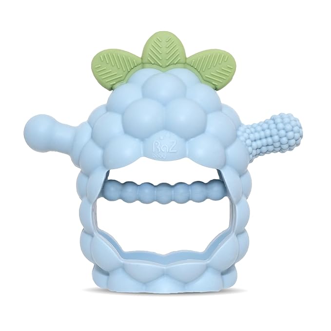 RaZbaby RaZberry Grip Silicone Teether Toy for 3M+ | Drop Resistant Hand Held Teether for Babies and Infants - Designed by Nature with Our Patented BerryBumps Multitextured Design 3M+, Blue