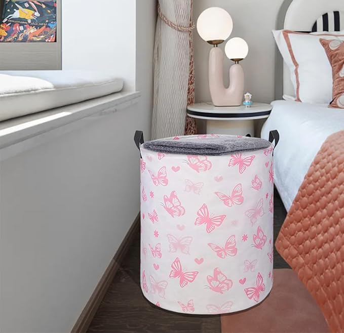 Round Pink Butterfly Laundry Basket for Girls Room Decor, Kids
