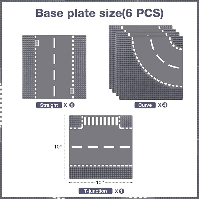6 Pack Road Base Plates, 10"x10" City Street Baseplates 100% Compatible with All Major Brands 4 Curved/1 Straight/1 T-Junction