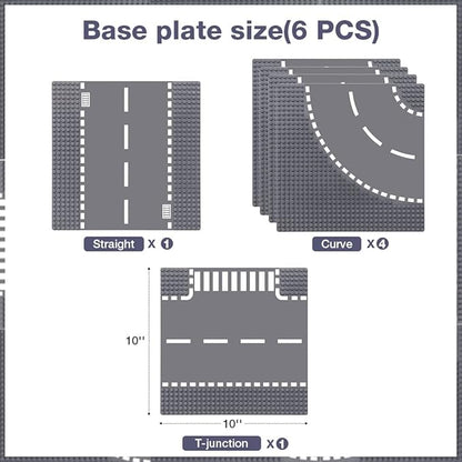 6 Pack Road Base Plates, 10"x10" City Street Baseplates 100% Compatible with All Major Brands 4 Curved/1 Straight/1 T-Junction