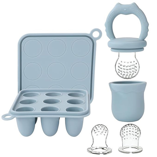 Socub Silicone Baby Fruit Food Feeder & Baby Food Freezer Tray Set, Breastmilk Popsicle Molds for Baby Teething Relief 3 Sizes