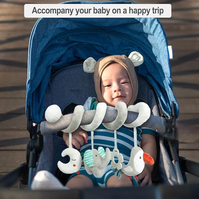 Baby Car Seat Toys, Activity Spiral Plush Hanging Wrap Around Pram Pushchair Stroller Toys, Sensory Early Education Toy for Toddler, Grey Elephant