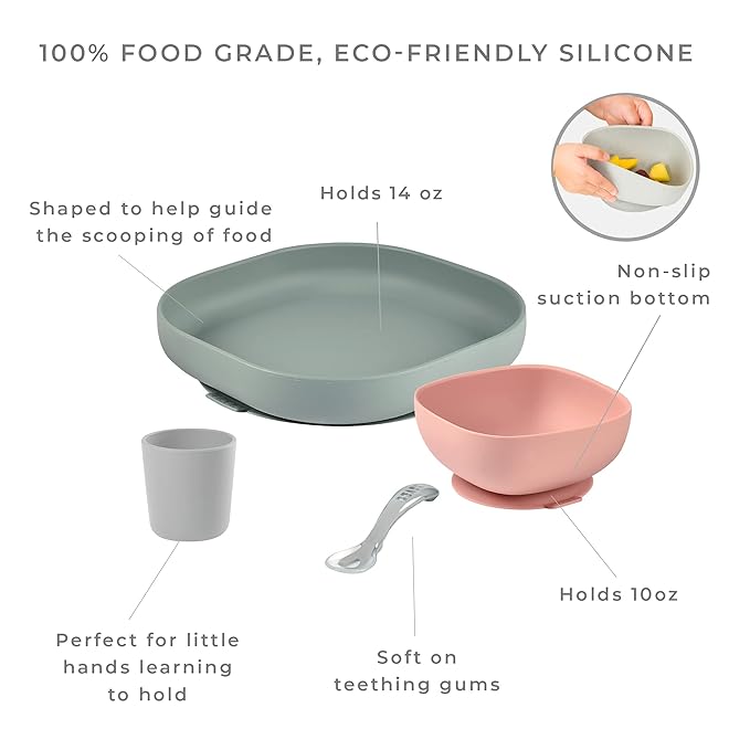 BEABA Silicone 4 Piece Baby Feeding Set, Suction Plates for Baby, Includes Plate, Bowl, Cup, 2nd Stage Silicone Spoon, High Grade Food Safe Silicone, Baby Must Haves, Eucalyptus