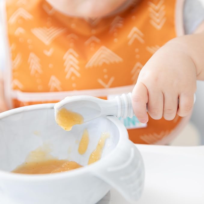 Bumkins Baby Bowl, Silicone Baby Feeding Set with Suction for Baby and Toddler, Includes Spoon and Lid, First Feeding Set, Essential for Baby Led Weaning for Babies 4 Months, Marble