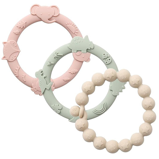 Baby Teether Rings Silicone Teethers for Babies Multi Use Baby 3 Pack-Blush