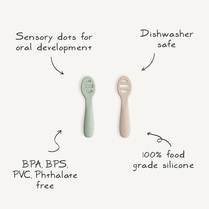 mushie Silicone First Feeding Baby Spoons | 2 Pack (Cambridge Blue/Shifting Sand)