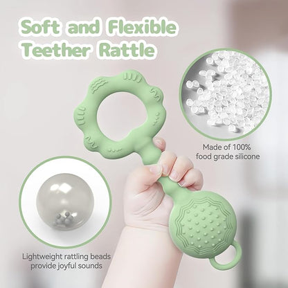 Teethers for Babies 6-12 Months, Baby Rattles 0-6 Months 2-in-1 Rattle