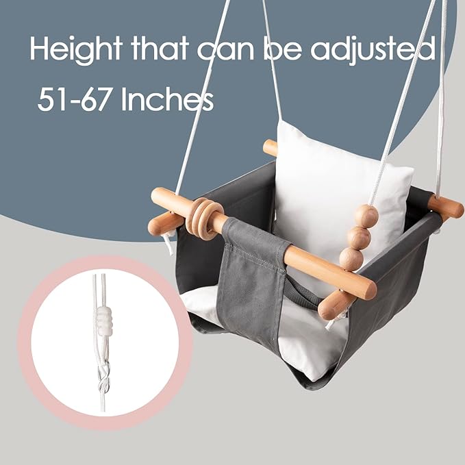 Baby Swing Seat, Secure Canvas and Wooden Hanging Swing Chair for Baby