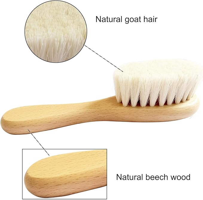 Baby Hair Brush with Wooden Handle and Comb Set for Newborns & Toddlers | Natural Soft Goat Bristles l Wood comb l Yellow Silicone Brush (3PCS)