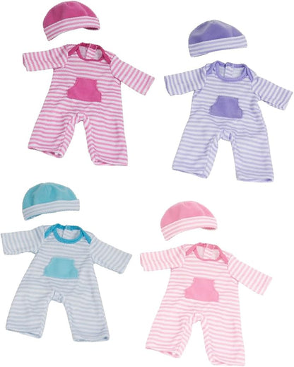 JC Toys | 4 Assorted Baby Doll Rompers and Hats 2+ | 10"- 12"