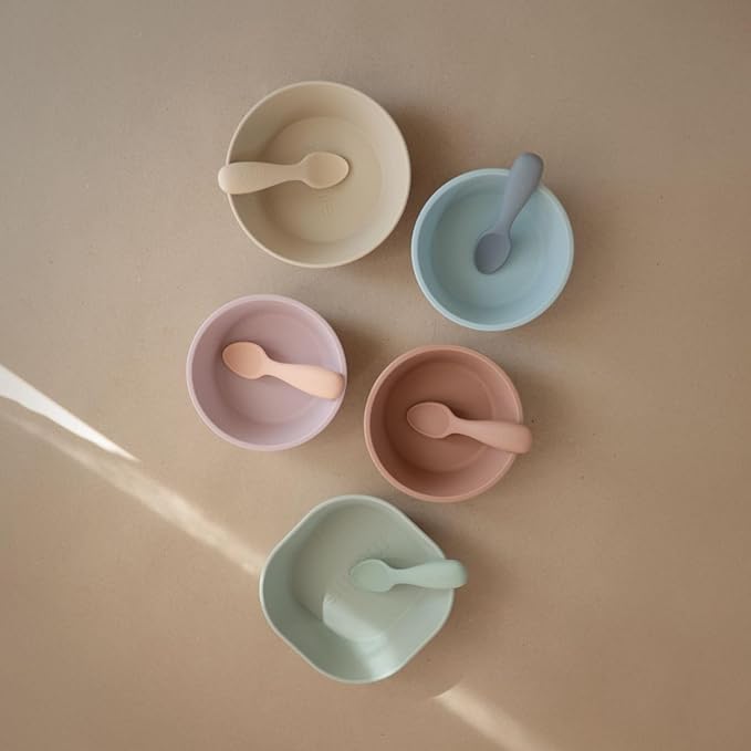 mushie Silicone Toddler Starter Spoons | 2 Pack (Cambridge Blue/Shifting Sand)