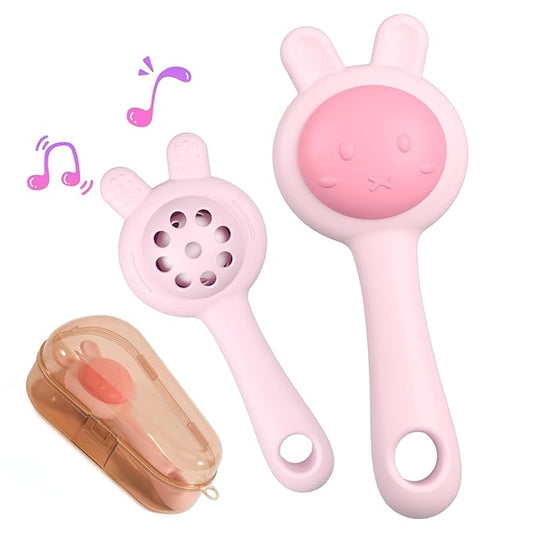 Textured Silicone Teething Toys for Baby, 2 in 1 Rattle and Teether Toy 0+ Months