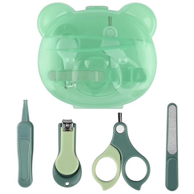 Baby Nail Kit, Baby Manicure Kit and Pedicure Kit with Cute Bear Shape Case, 4-in-1 Kit with Baby Nail Clipper, Scissor, Nail File & Tweezer for Newborn, Infant, Toddler, Mothers Day Gifts(Green)