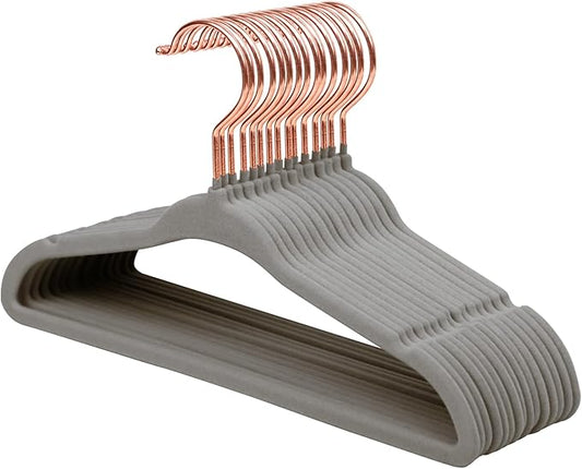 ManGotree Baby Velvet Hangers with 360° Swivel Rose Gold Hook, 10.95" Non-Slip Toddler Hangers, Ultra Thin Space Saving Infant Hangers for Kids Clothes, 15 Pack (Gray)