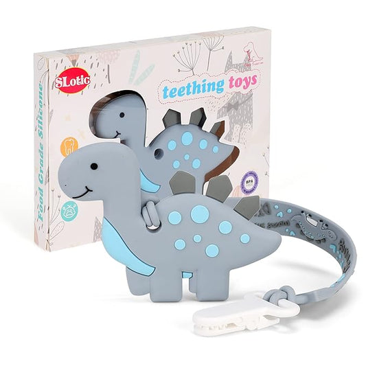 Baby Teething Toys, Dinosaur Teether Pain Relief Toy with One Piece Design Silicone Pacifier Clip Holder Set for Newborn Babies