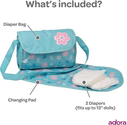 ADORA Baby Doll Diaper Bag with Sturdy Straps, includes Changing Mat and 2 Doll Diapers (Fits 13" Dolls) 3+ -
