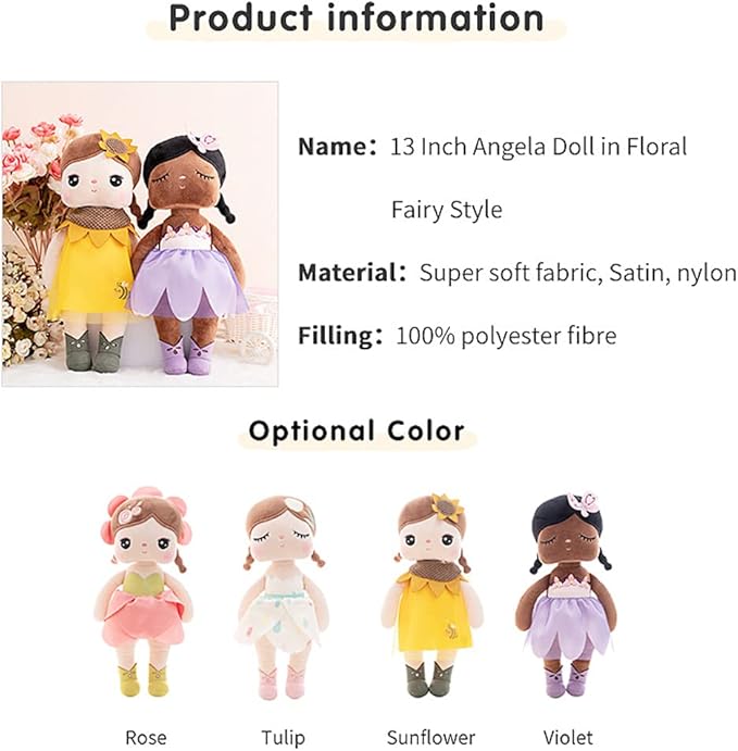 13" Exclusive New MeToo Princess Doll, Cute Flower Fairy Plush Doll