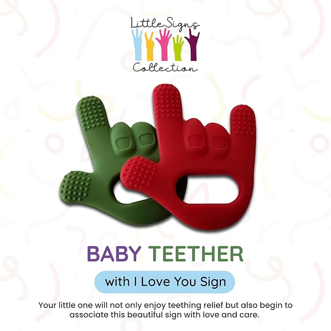 Baby Teether I Love You Sign Teething Toys for Babies and Toddler Teether for Soothing, Cold Teethers for Babies Infant Toy Gift Hand Wrist Wearable Silicone Teether 2 Pack