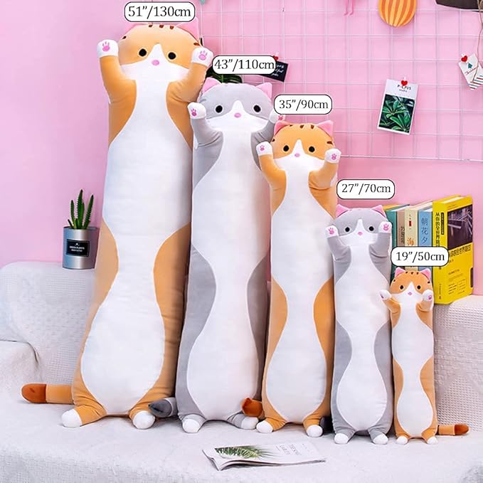 Cute Cat Plush Long Body Pillow Cuddle Cartoon Stuffed Animals Cat Plushie Soft Doll Pillows Gifts for Kids Girls(Gray, 35 Inches) 1 Count 1)
