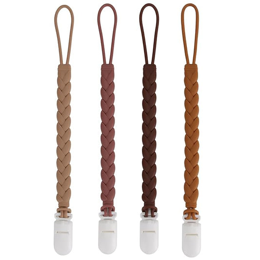 Stylish Silicone Pacifier Clips 4-Pack for Baby Boys and Girls, Woven Rope Flexible Design