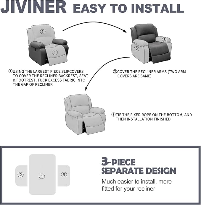 JIVINER Oversized Recliner Chair Covers, 3 Piece Slipcovers for Large Recliner Chair Soft Jacquard Reclining Chair Protector Slipcovers for Dogs,Cats (X-Large, Khaki)