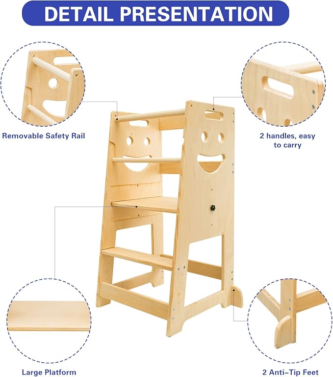 Kitchen Step Stool for Kids with Safety Rail,Toddler Stool for Kitchen Counter with Adjustable Pedal Toddler Kitchen Stool Helper