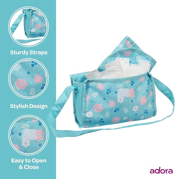 ADORA Baby Doll Diaper Bag with Sturdy Straps, includes Changing Mat and 2 Doll Diapers (Fits 13" Dolls) 3+ -