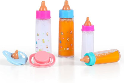 Magic Disappearing Milk and Juice Bottles with Pacifiers for Baby Doll Accessories,6 Pieces Pretend Play Feeding Toy Set 4 Bottles 2 Pacifiers