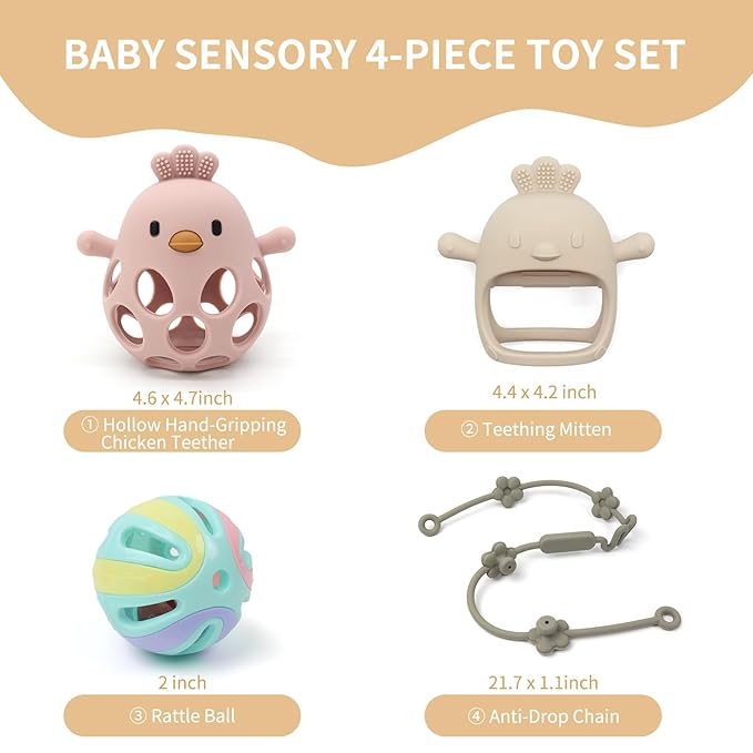 Baby Sensory 4-Piece Toy Set: Hollow Hand-Gripping Chicken Teether, Teething Mitten