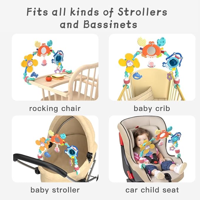 Adjustable Baby Stroller Arch Toys - Car Seat Toys Play Arch Crib Bassinet Toy Activity Arch with Fascinating Toy for Stimulating Baby's Senses Developing Motor Skills Infants Toddlers Gifts
