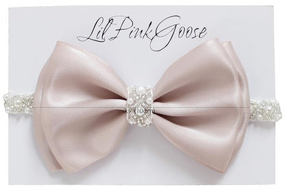 0-12 Newborn Baby Baptism Pearl Headband with Bow in WHITE Christening Headband with Satin Bow, Pearl Rhinestone Band (Champagne(3-6Months) 3-6Months)