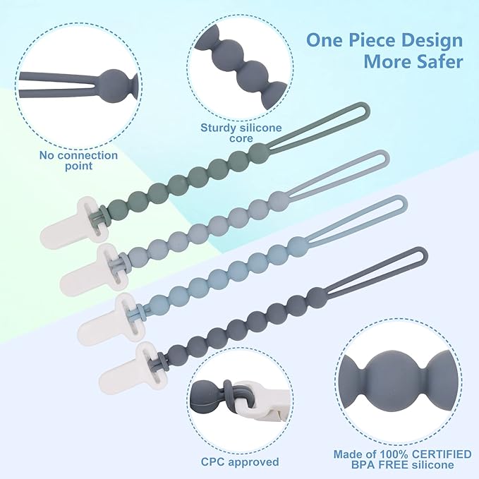 4-Pack Silicone Pacifier Clips with One-Piece Beads for Baby Boys