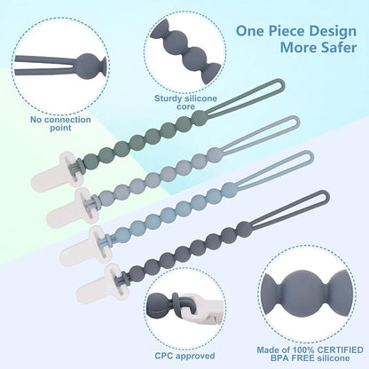4-Pack Silicone Pacifier Clips with One-Piece Beads for Baby Boys