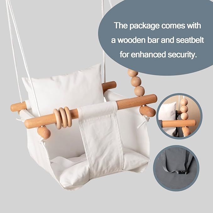 Baby Swing Seat, Secure Canvas and Wooden Hanging Swing Chair for Baby