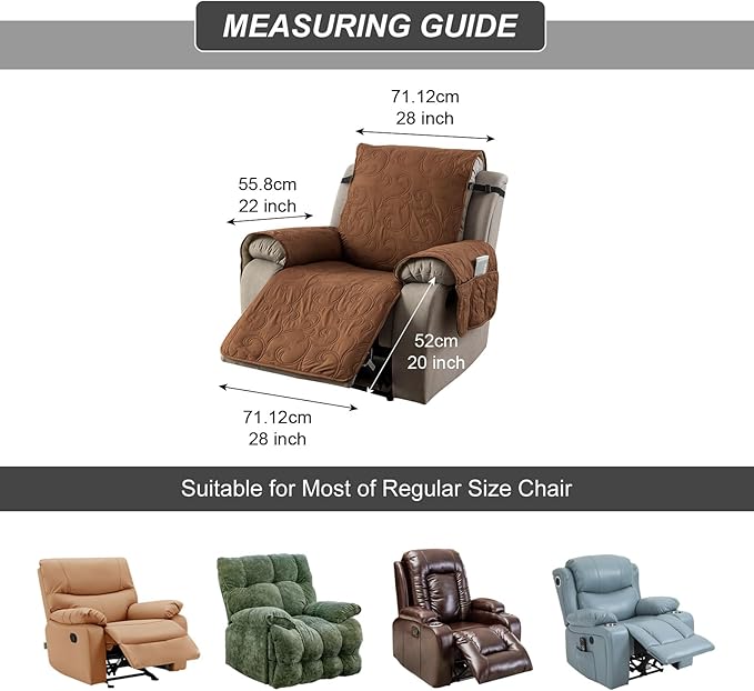 100% Waterproof Recliner Chair Cover, Recliner Chair Covers for Reclining Chair, Non-Slip Fabric Recliner Couch Cover for Living Room, for Pets Kids Protector, Washable (Brown, 28"Recliner Chair)