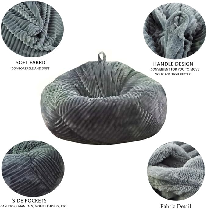 Soft Bean Bag Chair Cover No Filler Sofa Cover Storage Bean Bag Cover Organizing Children Plush Toys (Light Grey, Medium)