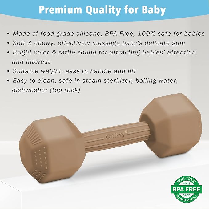 Giftty Baby Dumbbell Toy - Silicone Infant Rattle Teething Toy Teether Toddler Sensory Toy Durable Safe Exercises Workout Weight (1pcs -