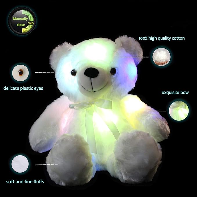 LED Teddy Bears Stuffed Animals, Cute White Glow Bear Plush Toys Creative Colorful Luminous Light Up Doll Gifts for Bedroom Valentine,18 inch