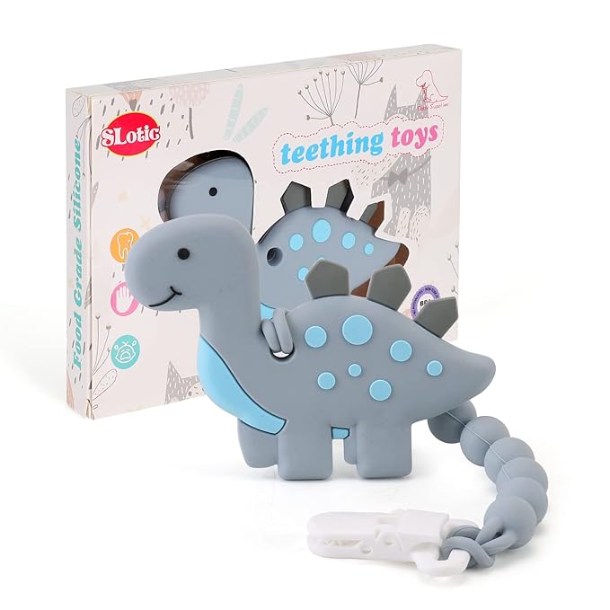 Baby Teething Toys for Babies 3-6 6-12 Months, Dinosaur Teether Pain Relief Toy with One Piece Design Pacifier Clip Holder Set