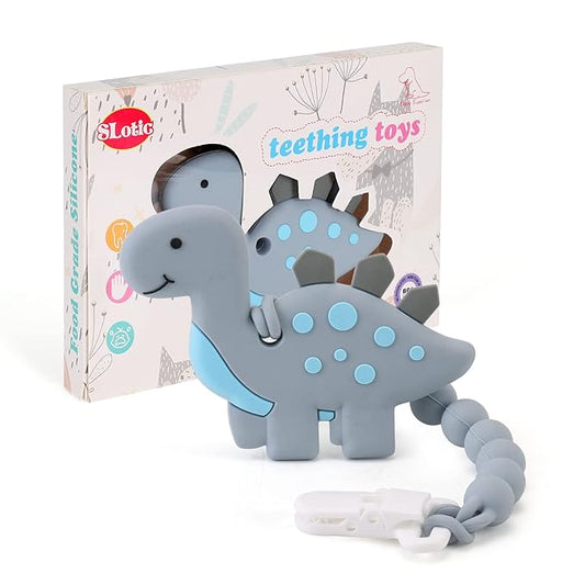 Baby Teething Toys for Babies 3-6 6-12 Months, Dinosaur Teether Pain Relief Toy with One Piece Design Pacifier Clip Holder Set