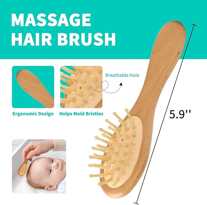 Goat Baby Hair Brush Set, Wooden Comb Massage Scalp Comb