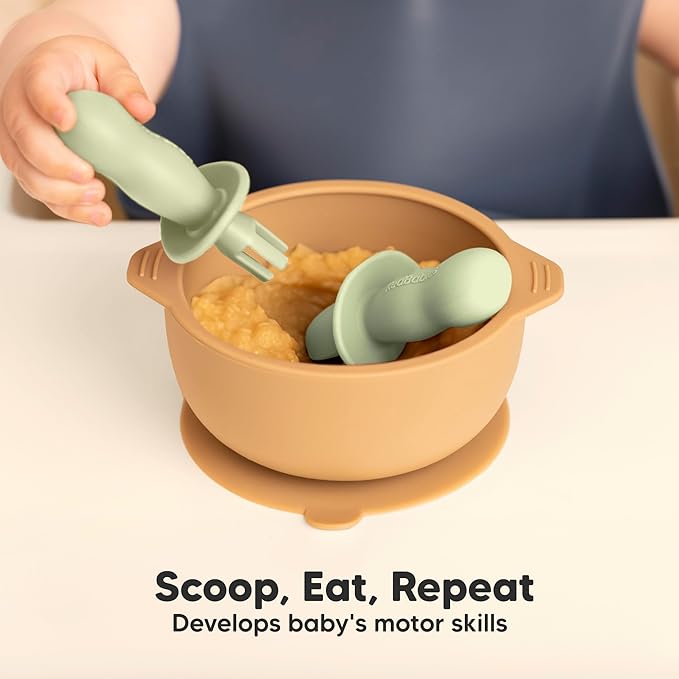 KeaBabies 4-Pack Silicone Baby Spoons and Forks Set - Baby Spoon Self Feeding, BLW Baby Utensils 6-12 Months, Baby Led Weaning Feeding Spoon, Teething Infant Baby First Food Training Pre Spoon (Sage)