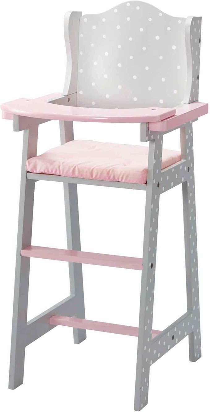 Olivia's Little World Doll High Chair for Baby Dolls, Wooden Doll Play Furniture with Pastel Polka Dot Princess Print & Fabric Seat for 16" to 18" Dolls