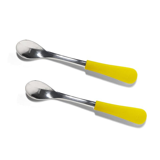 Avanchy Infant Baby Spoons Stainless Steel and Silicone Set, Self Feeding Food Utensils, 4 Months Baby Led Weaning, 2 Pack, Yellow